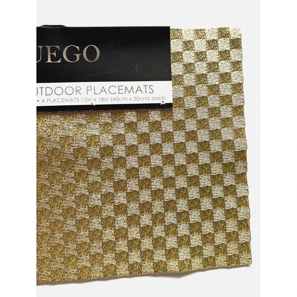 Fuego Squares Metallic Gold Woven Vinyl Placemats 12x18 Set of 4 Wipe Clean